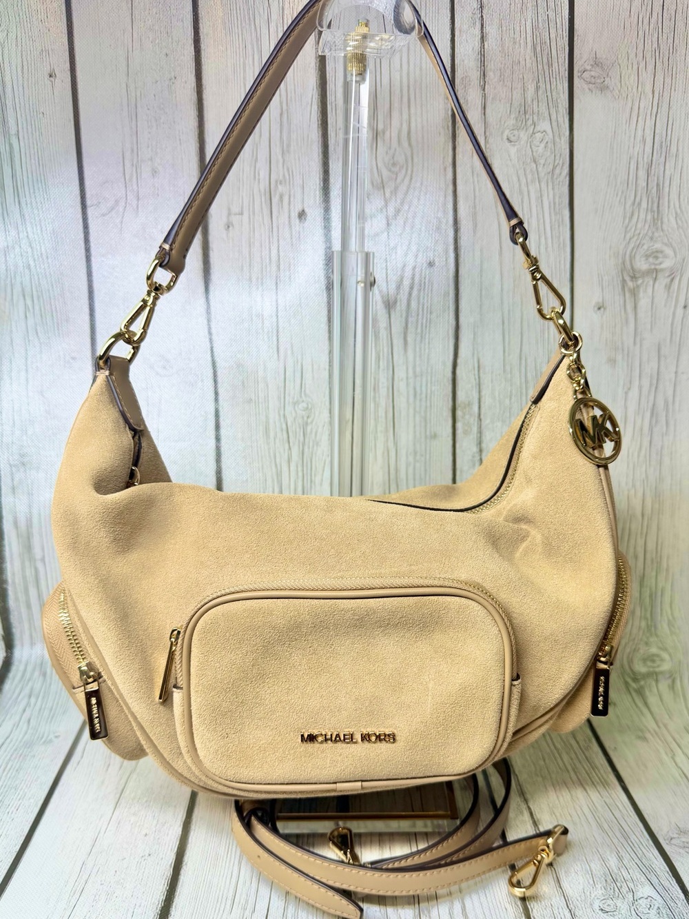 BRAND NEW Michael Kors Camel Merritt Medium Suede Convertible Shoulder Bag - Picture 2 of 14